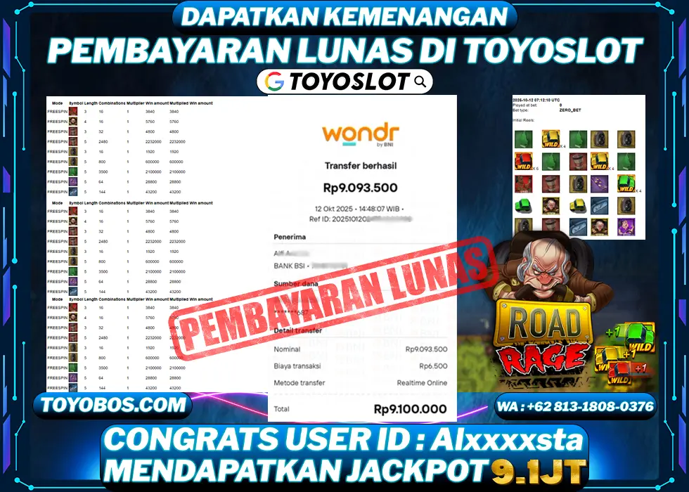 TOYOSLOT - BUKTI KEMENANGAN Road Rage Rp9,100,000,- LUNAS